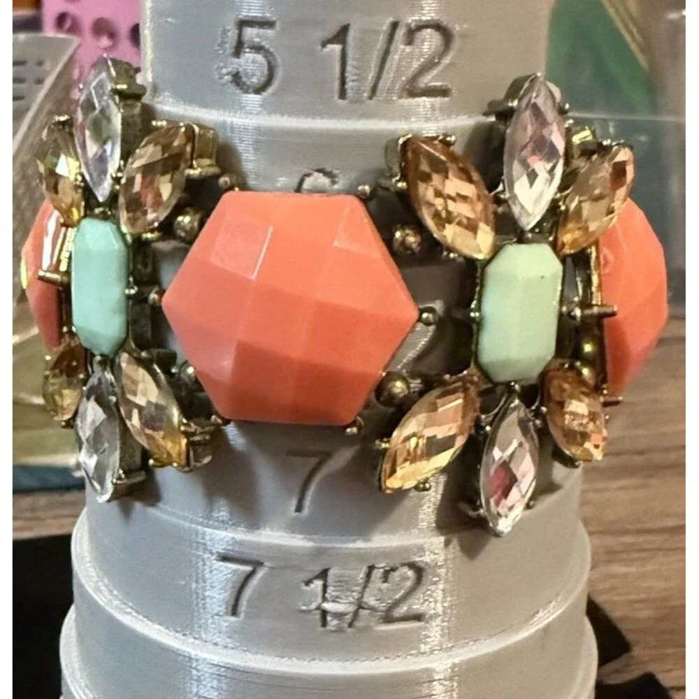 VTG Large J Crew  Gold Tone, Orange And Rhinestone Starburst Stretch Bracelet